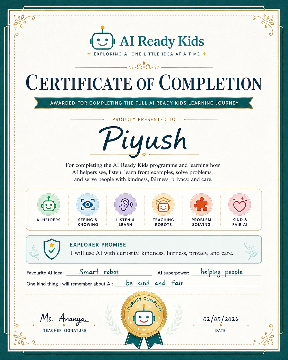 AI Ready Kids completion certificate